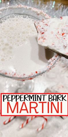 peppermint bark martini with candy canes on the rim and in a glass bowl