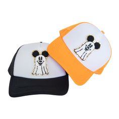 👻 Be halloween ready with our Mickey Ghost Halloween Hat! This adorable halloween hat features a genuine mickey ghost chenille patch. This hat is a great Halloween gift or a great Halloween theme park hat. Each chenille patch is secured with professional-grade adhesive and a heat press to ensure a secure bond. The trucker hat is a high quality, mid profile, 5-panel hat with a built in sweat band.  The fit is perfect for men or women, yet it still fits women well & is not too big, bulky, and is White Novelty Halloween Costume Hats And Headpieces, White Novelty Hat For Halloween, White Novelty Halloween Costume Hat, White Halloween Cap, Mickey Ghost, Halloween Hat, Chenille Patch, Mickey Halloween, Sweat Band