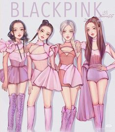 three girls in pink dresses and boots standing next to each other with the words blackpink on them