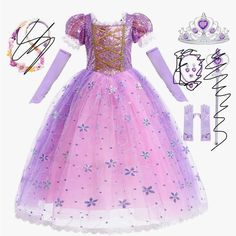 a purple and gold princess dress with tiara on it's head, next to other items