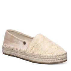 Bearpaw Women's MACCHIATO Sandals | Tan | Size 6 Slip-on Espadrilles With Textured Footbed For Vacation, Straw Sandals With Textured Sole And Round Toe, Textile Slip-on Espadrilles For Beach, Natural Casual Sandals With Cork-bed Midsoles, Casual Natural Sandals With Cork-bed Midsoles, Everyday Casual Flats With Textured Footbed, Summer Espadrilles With Textured Sole In Synthetic Material, Natural Espadrilles With Textured Footbed For Vacation, Slip-on Beach Flats