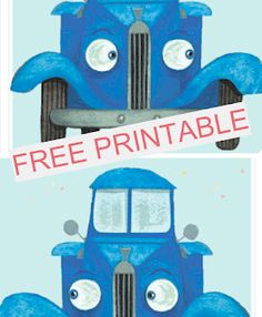 two pictures of a blue truck with eyes and the words free printable on it