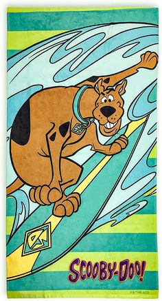 a cartoon dog riding a surfboard on top of a wave with the words scooby do