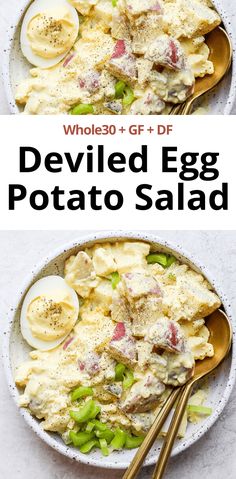 deviled egg potato salad in a white bowl with two spoons on the side