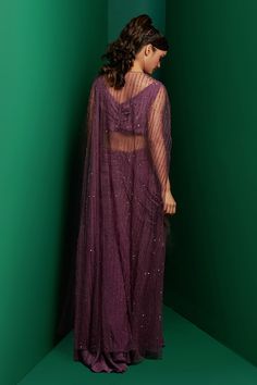 Purple sheer cape with bead embellished stripe patterns. Comes with a solid pre-draped skirt saree and pleated corset blouse. - Aza Fashions Skirt Saree, Sheer Cape, Beaded Cape, Corset Blouse, Drape Saree, Draped Skirt, Open Sleeve, Beaded Neckline, Cape Sleeves