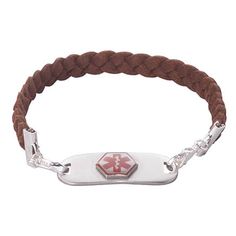 Personalized medical ID braided bracelet is a stylish way to display a medical ID tag. Perfect for men or women, this 10” long braided faux leather band with silvertone lobster clasp attaches to each side of an engraved medical ID tag. Care providers see at a glance the medical alert symbol on one side and your emergency contact, allergies or health condition on the other. Specify personalization up to 2 lines, 15 letters/spaces each line. Wipe medical alert bracelet and tag clean with dry cloth Classic Adjustable Braided Bracelet With Lobster Clasp, Adjustable Silver Leather Bracelet With Lobster Clasp, Adjustable Brown Bracelets With Lobster Clasp, Adjustable Brown Bracelet With Lobster Clasp, Adjustable Silver Braided Bracelet With Stainless Steel Clasp, Adjustable Silver Braided Bracelet With Lobster Clasp, Everyday Adjustable Braided Bracelet With Lobster Clasp, Medical Alert Symbol, Medical Alert Bracelet