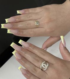 Yellow And White Nails Acrylic, Yellow French Tip Nails, Yellow French Tip, June Nails, Yellow Prom, Kiki Lala, Graduation Nails, Medium Almond