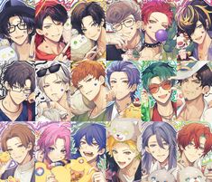 many anime characters with different colored hair and glasses, all looking at the same person