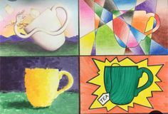 four different colored pictures with coffee mugs on them