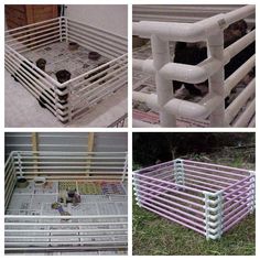 four pictures of different types of plastic pipes and frames in various stages of construction, including the bottom part of a bed frame