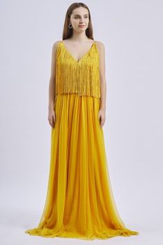 Shop for Swatee Singh Yellow Fringed Strappy Gown for Women Online at Aza Fashions Gown Yellow, Strappy Gown, Conservative Dresses, Yellow Embroidery, Yellow Gown, Gown For Women, Ladies Gown, Gowns Online, Fashion App