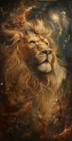 a painting of a lion's head with stars in the background