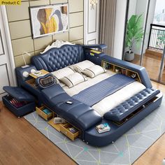 a large bed sitting on top of a wooden floor