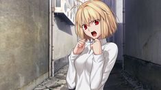 an anime character with blonde hair and red eyes pointing to the side while wearing a white shirt