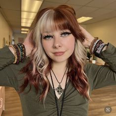 Hair Color Idea With Bangs, Blonde And Colored Hair Ideas, Hair Styles For Split Dyed Hair, Half Brown Half Blonde Hair Split With Bangs, Red Block Coloring Hair, Two Color Hair Dye Ideas With Bangs, Block Color Curly Hair, Split Dye Colors