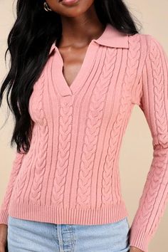 Cozy and cute, the Lulus Seasonal Classic Pink Cable Knit Collared Sweater Top will be one of your favorite pieces to style all fall long! Stretchy cable knit shapes this sweet top that features a chic collared neckline, a fitted bodice, and long sleeves. Contrasting ribbed knit accents the cuffs and hem. Pair with a mini skirt and tights to create a comfy coquette-style look! Fit: This garment fits true to size. Length: Size medium measures 22" from shoulder to hem. Bust: Great for any cup size Comfy Coquette, Mini Skirt And Tights, Skirt And Tights, Sweet Top, Collared Sweater, Coquette Style, Cup Size, Pink Sweater, Fitted Bodice