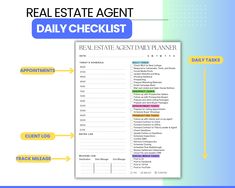 the real estate agent daily checklist is shown in blue and green with yellow arrows