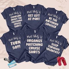 six t - shirts with slogans on them sitting next to shoes and confetti