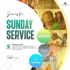 the poster for sunday service is shown with images of people in different colors and sizes