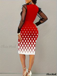 Olivia Mark - Plus Size Elegant Dress, Women's Plus Colorblock Floral Print Contrast Mesh Lantern Sleeve Notched Neck Dress Red Long Sleeve Dress With Splicing, Fitted Red Splicing Dresses, Plus Size Elegant Dresses, Plus Size Elegant, Floral Printing, Curve Dresses, Long Sleeve Maxi, Lantern Sleeve, Lantern Sleeves