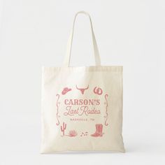 a tote bag with the words carbon's last rodeo in pink on it