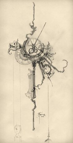 a drawing of a clock that has been drawn with pencils and ink on paper