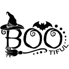 the boo logo is shown in black on a white background with bats and witches around it