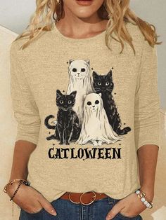 Catloween, Funny Halloween Shirt, Casual Long Sleeve, Women's Halloween Shirt, Crew Neck, Beige Shirt, Halloween Pattern, Casual Style, Spring/Fall Theme, Watermelon Color, Deep Gray Shirt, Green Shirt, White Shirt, Black Shirt, Beige Shirt, Blue Shirt, Fun Halloween Clothing, Holiday Humor, Seasonal Fashion, Relaxed Fit, Spooky Season, Festive Wear, Comfortable Shirt, Easygoing Style, Trendy Halloween, Casual Autumn Outfit, Graphic Print Shirt, Unique Halloween Design, Comfortable Long Sleeve, Halloween Fun, Casual Halloween Fashion, Everyday Wear Watermelon Color, Casual Halloween, Halloween Clothing, Fashion Everyday, Beige Shirt, Graphic Print Shirt, Halloween Pattern, Fall Theme, Trendy Halloween