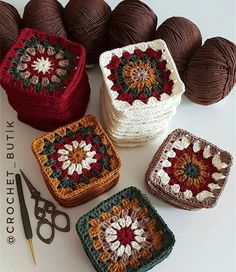 four crocheted grannys are sitting next to each other