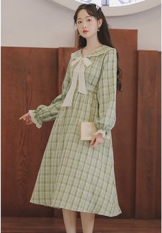 Green, fresh, long sleeve dress with baby collar, autumn, new style, temperament, sweet plaid dressMaterial:blendedColor:greenStyle:preppyFeatures:sweet,plaid,baby collarSize(CM):S,M,L,XL 1inch=2.54cmS:shoulder:35,bust:84,waist:68,sleeve:57,length:106&ltp&gtM:shoulder:36,bust:88,waist:72,sleeve:58,length:107</p>&ltbr/>&ltp&gtL:shoulder:37,bust:92,waist:76,sleeve:59,length:108</p>&ltbr/>&ltp&gtXL:shoulder:38,bust:96,waist:80,sleeve:60,length:109&l Spring Long Sleeve Cotton Plaid Dress, Spring Long Sleeve Plaid Cotton Dress, Spring Cotton Plaid Long Sleeve Dress, Cute Green Dress With Doll Collar, Cute Long Sleeve Gingham Dress, Green Long Sleeve Cottagecore Dress, Dress Korean Style Formal, Green Plaid Dress, Pretty Little Dress