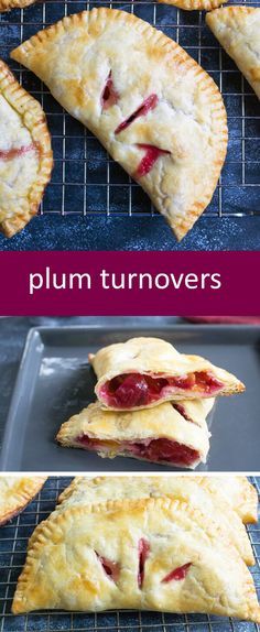 several different types of pies cooling on a rack with the words plum turnoverers above them