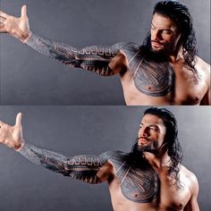 two pictures of a man with tattoos on his arms and chest, both showing different gestures