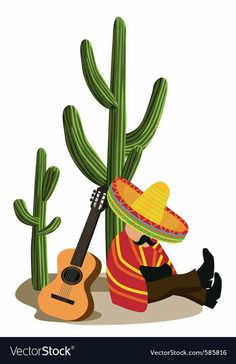 a man sitting next to a cactus with a guitar and sombrero on his head