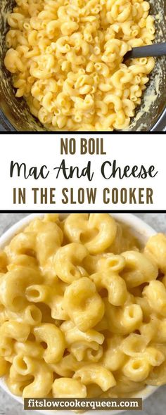 macaroni and cheese in the slow cooker with text overlay that reads no boil mac and cheese in the slow cooker