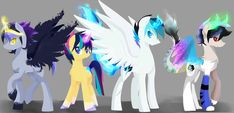 four different colored ponys standing next to each other in front of a gray background