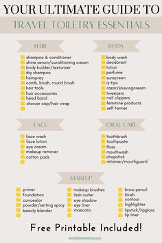 Your Ultimate Guide to Travel Toiletry Essentials Printable Toiletry Bag Checklist, Toiletry Travel List, Bathroom Packing List, Traveling Toiletries List, List Of Toiletries For Women, Travel Essentials Toiletries, Holiday Toiletries List, Toiletry Packing List Women, Tsa Toiletry Bag