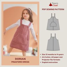 the sewing pattern for this girls'jumper dress is easy to sew