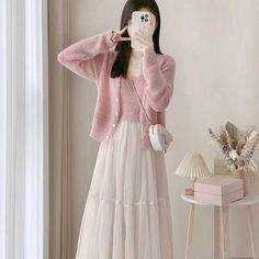 Color: Set, Size: S Cute Modest Skirt Outfits, Shoujo Girl Outfit Modest, Pink Outfits Modest, Girly Modest Outfits, Sawako Fits, Cardigan And Skirt Outfit, Sawako Outfit, Skirt And Cardigan Outfit, Korean Skirt Outfits