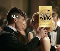 a man and woman are looking at each other in front of a poster with the words fourth wing on it