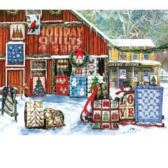 a painting of christmas presents in front of a red barn with snow on the ground