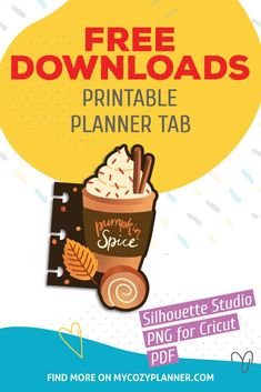 the free printable planner tab is shown with an image of a cup of coffee