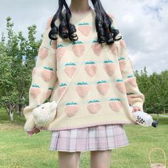 Strawberry Clothing, Strawberry Kawaii, Peach Sweater, Peach Strawberry, Kawaii Sweater, Peach Pattern, Style Kawaii, Oversize Pullover, Pull Oversize