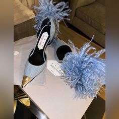 Area Denim Pumps With Feathers.Wore Once ,Great Condition Bad Shoes, Shoes For Women 2023, Denim Pumps, Black And White Kittens, Crystal Pumps, Fun Shoes, Metallic Pumps, Glass Slippers, Shoes Heels Classy