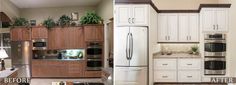 before and after pictures of a kitchen remodel with white cabinets, stainless steel appliances and wood flooring