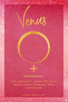 a red and gold wedding card with the word venus in gold on it, against a pink background