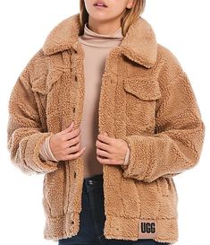 UGG® Frankie Oversized Sherpa Trucker Point Collar Long Sleeve Cozy Jacket | Dillard's Ugg Sherpa Jacket, Ugg Jacket, Jacket Silhouette, Sherpa Trucker Jacket, Wishlist Ideas, Winter Ootd, Cozy Jacket, Beautiful Dresses Short, Fire Fits