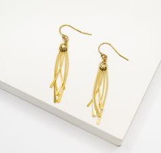 "14K Gold Filled Earrings. DETAILS: - Ear wires - 14k Gold Filled - Curved Fringe Tassel - Gold-Plated 925 Sterling Silver (Vermeil) - 5.3cm / 2.1\" long including the ear wires. PACKAGING: All jewelry are packaged in a jewelry box ready for gifting. ABOUT GOLD FILLED: Gold-filled jewelry has a much higher amount of gold in it and is much more valuable. This is a durable piece that will not tarnish or chip. As long as the piece is well cared for, gold-filled jewelry can last a lifetime. It is al Gold Wire Wrapped Linear Earrings For Gift, Gold Wire Wrapped Linear Earrings As Gift, Gold Wire Wrapped Dangle Linear Earrings, Yellow Gold Wire Wrapped Dangle Earrings, Gold Dangle Earrings With Lever Back, Yellow Gold Wire Wrapped Long Drop Earrings, Curved Fringe, The Ear, Gold Filled Earrings