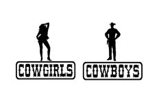 two black and white silhouettes of people with cowboy hats on top of the words cowboys