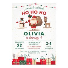 a christmas party flyer with santa and reindeers on it, including presents for the holiday season