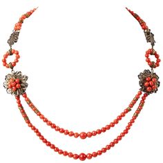 Antique coral bead necklace with filigree leaf stations. Handmade filigree stations are made of gilded silver and anchor a double strand of graduated natural coral beads. Chinese 1930's. Interior 15 length", Exterior length 18". Filigree width 1". Excellent condition. Domestic Sales Only. White Coral Necklace, Coral Beads Necklace, Antique Filigree, Filigree Necklaces, Vintage Beads Necklace, Natural Coral, Coral Jewelry, Antique Necklace, Designer Fashion Jewelry